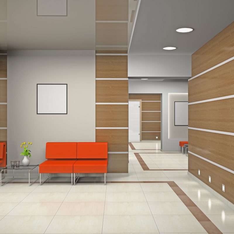 Modern Office Waiting Room Idea with Tile Flooring.